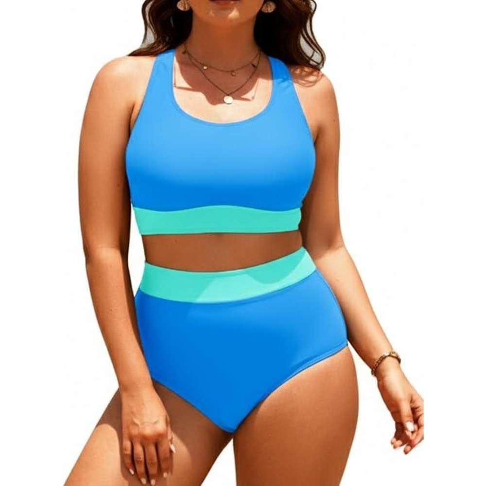 Aqua Eve Blue Mint Color Block High Waisted Tummy Control Bikini Set 22W NWT